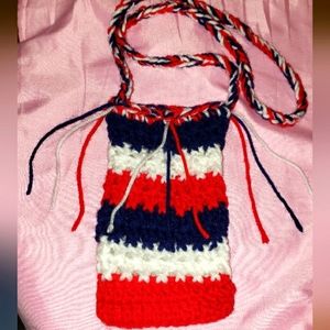 HAND MADE CROCHET RED WHITE BLUE PHONE HOLDER MADE WITH LOVE BY GRANDMA (MOM)